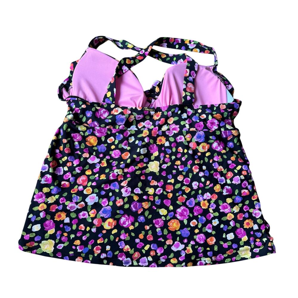 Anne Cole Black Floral Twist Front Tankini Swimsuit Top Sz 18W Ruching Padded - Picture 9 of 9